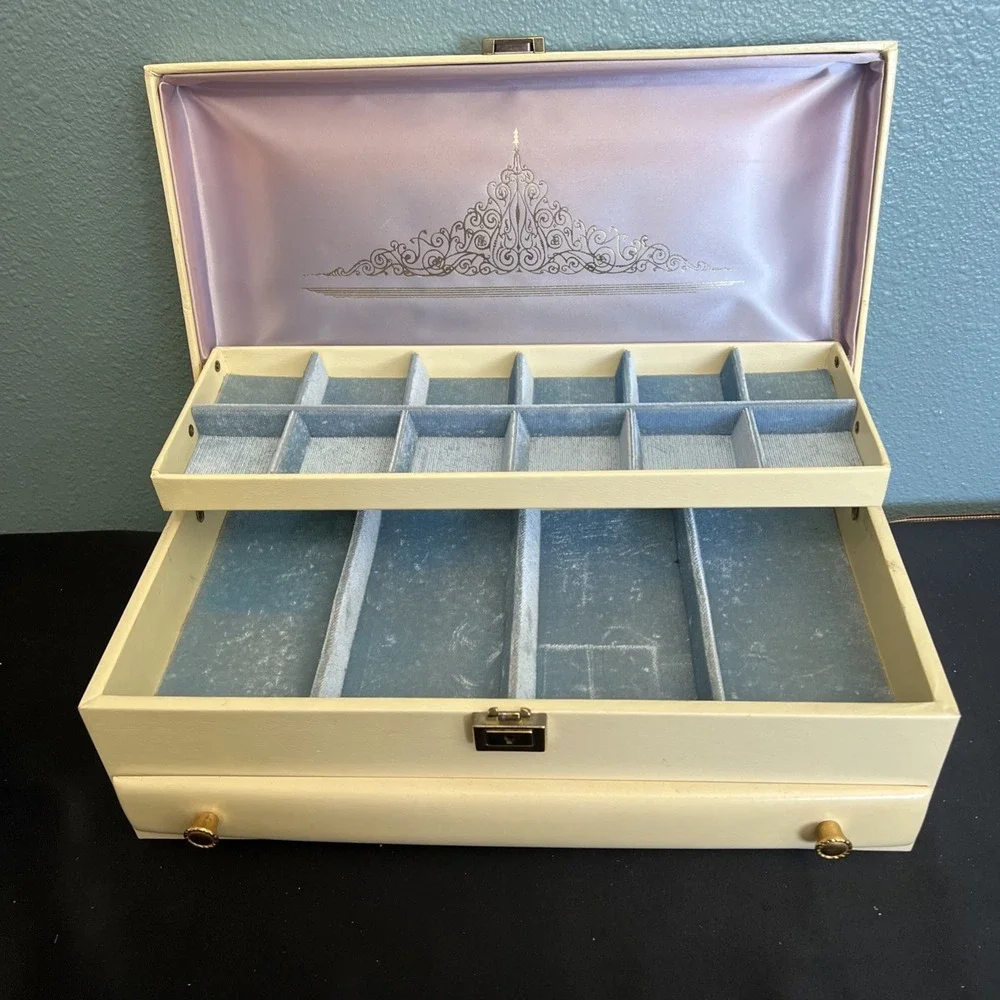 Vtg Large Lady Buxton Jewelry Box‎ Multi Drawers Mid Century Modern Blue Velvet